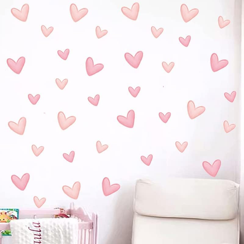 80 Pieces Pink Heart Shape Wall Stickers for Bedroom, PVC, Girls Room Decor, Kid