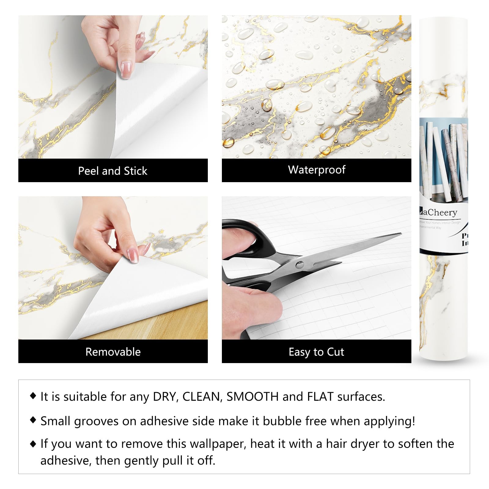LaCheery 15.8inx46ft Matte White Gray Gold Marble Contact Paper Peel and Stic…