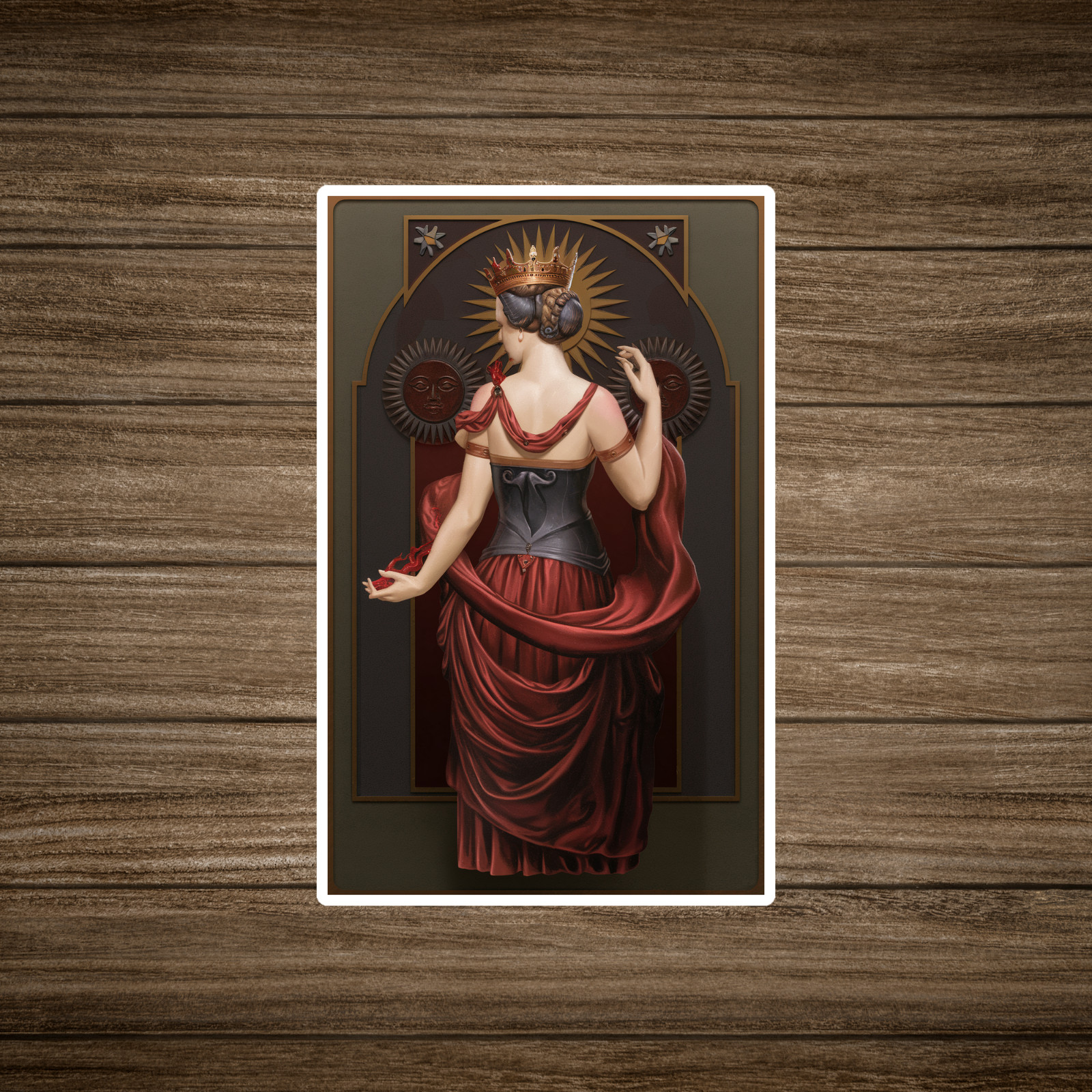 Striking Gothic Queen Art Print – Regal Red Dress, Sun Halo Crown #2306
