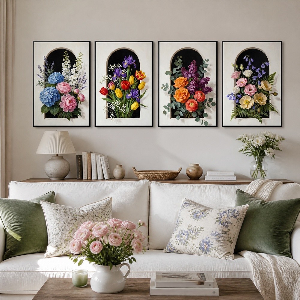 4 Piece Floral Wall Art Set Arch Window Design Canvas 30x40cm Home Decor