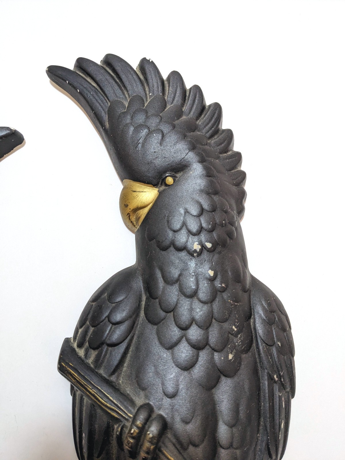 Vtg 1957 Miller Studio Chalkware Cockatoo Wall Plaques Pair Black Gold MCM Birds