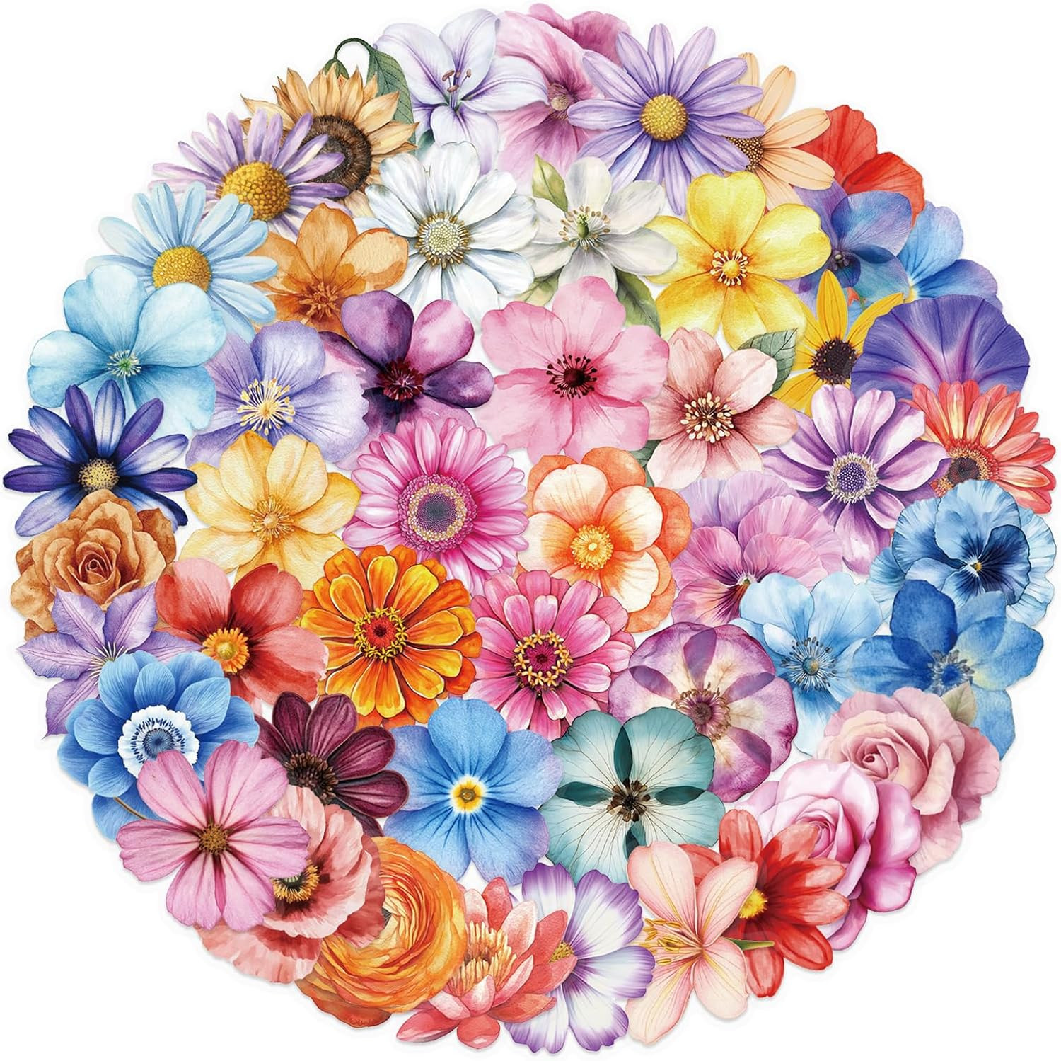 50PCS Flower Stickers PET Transparent Stickers Colorful Nature Decals Waterproof