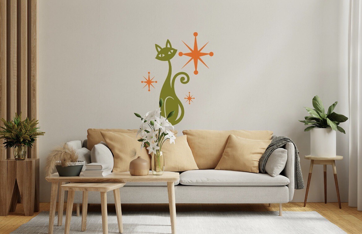 Modern Vintage Cat Starburst With Stars Wall Decal ￼