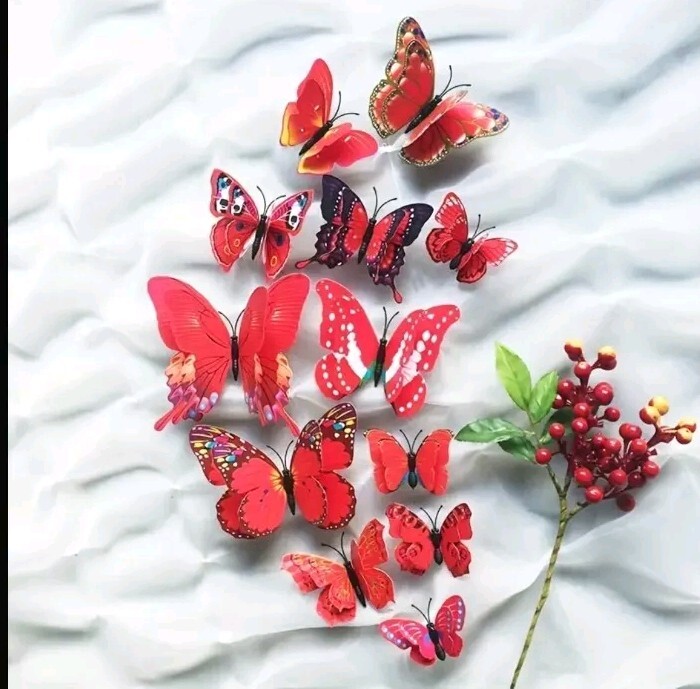 3D Magnetic Butterfly Wall Sticker Reusable PVC Adhesive 12 Pack RED Butterflies