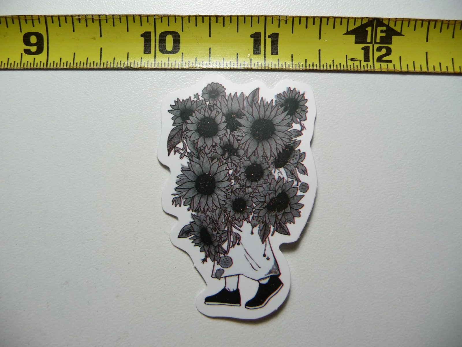 WOMAN CARRYING HUGE SUNFLOWER BUNDLE SMALL STICKER DECAL NATURE OUTDOORS FUN