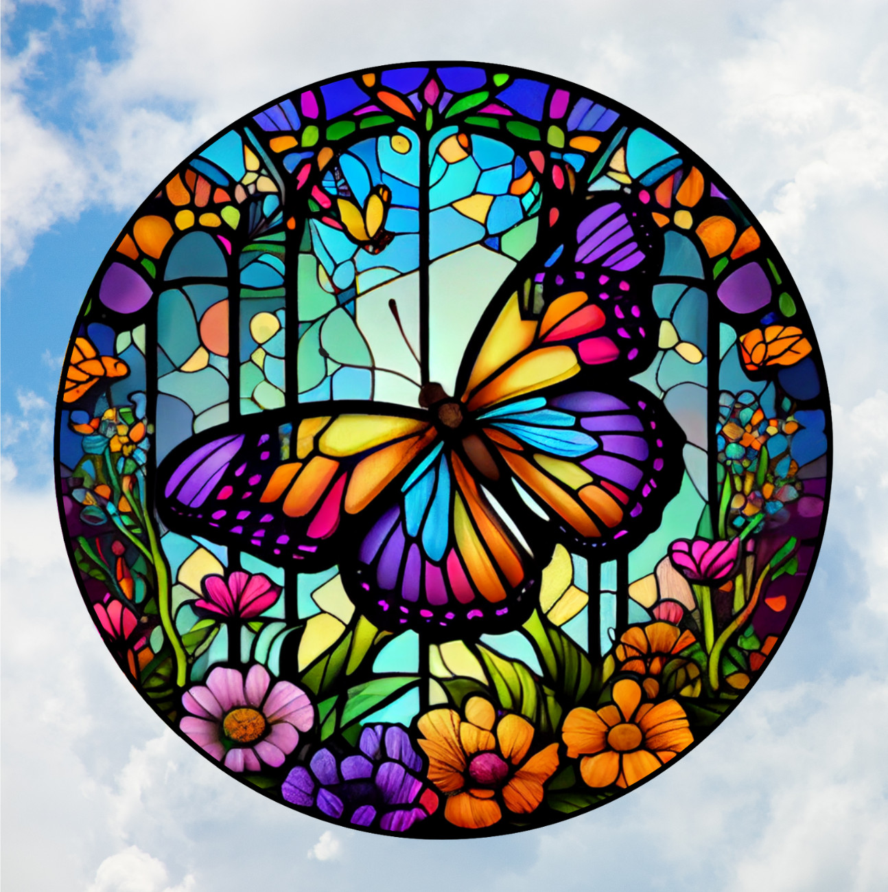 Butterfly Faux Stained-Glass WINDOW CLING Sun-catcher Size 8" Round Vinyl