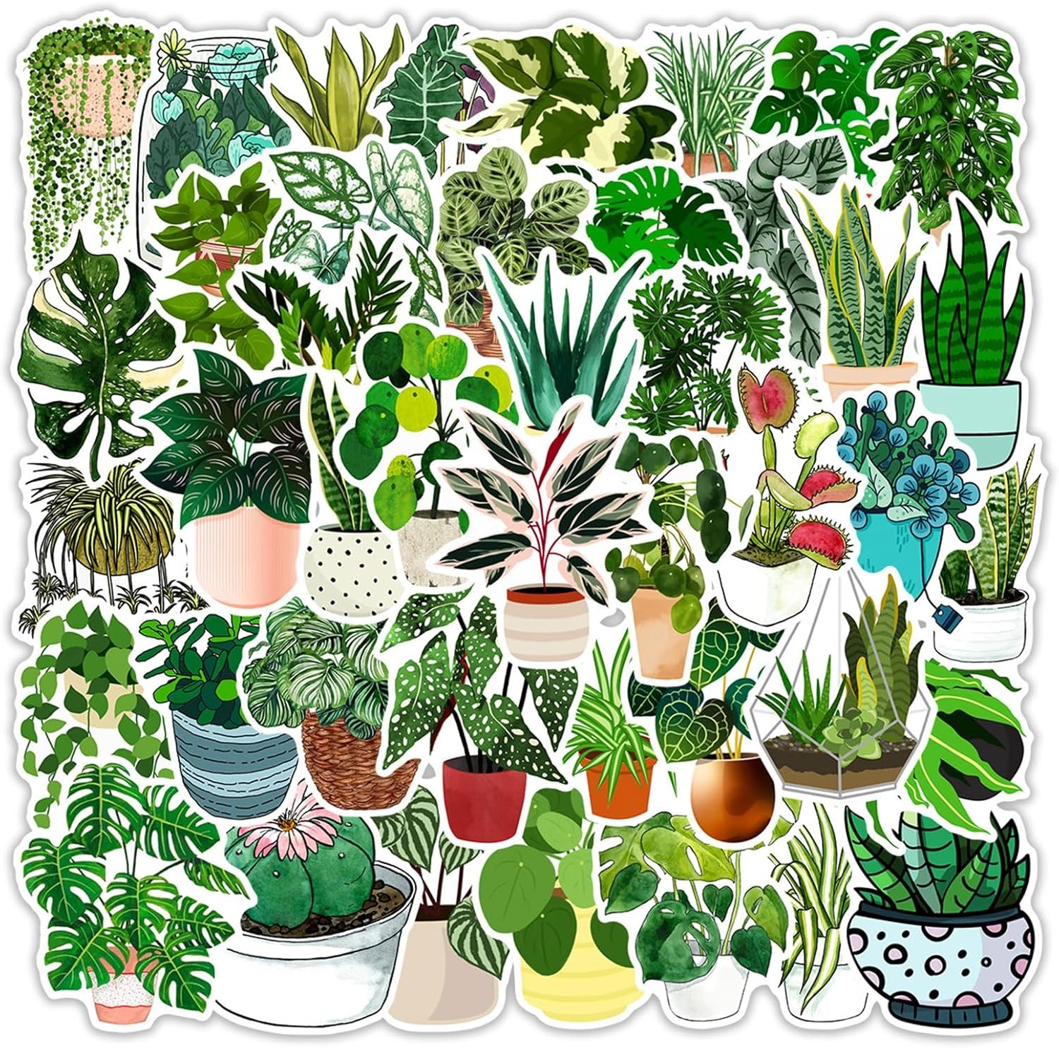 50 Pcs Green Plants Stickers Potted Plant Floral Sticker for Laptops Water Bottl
