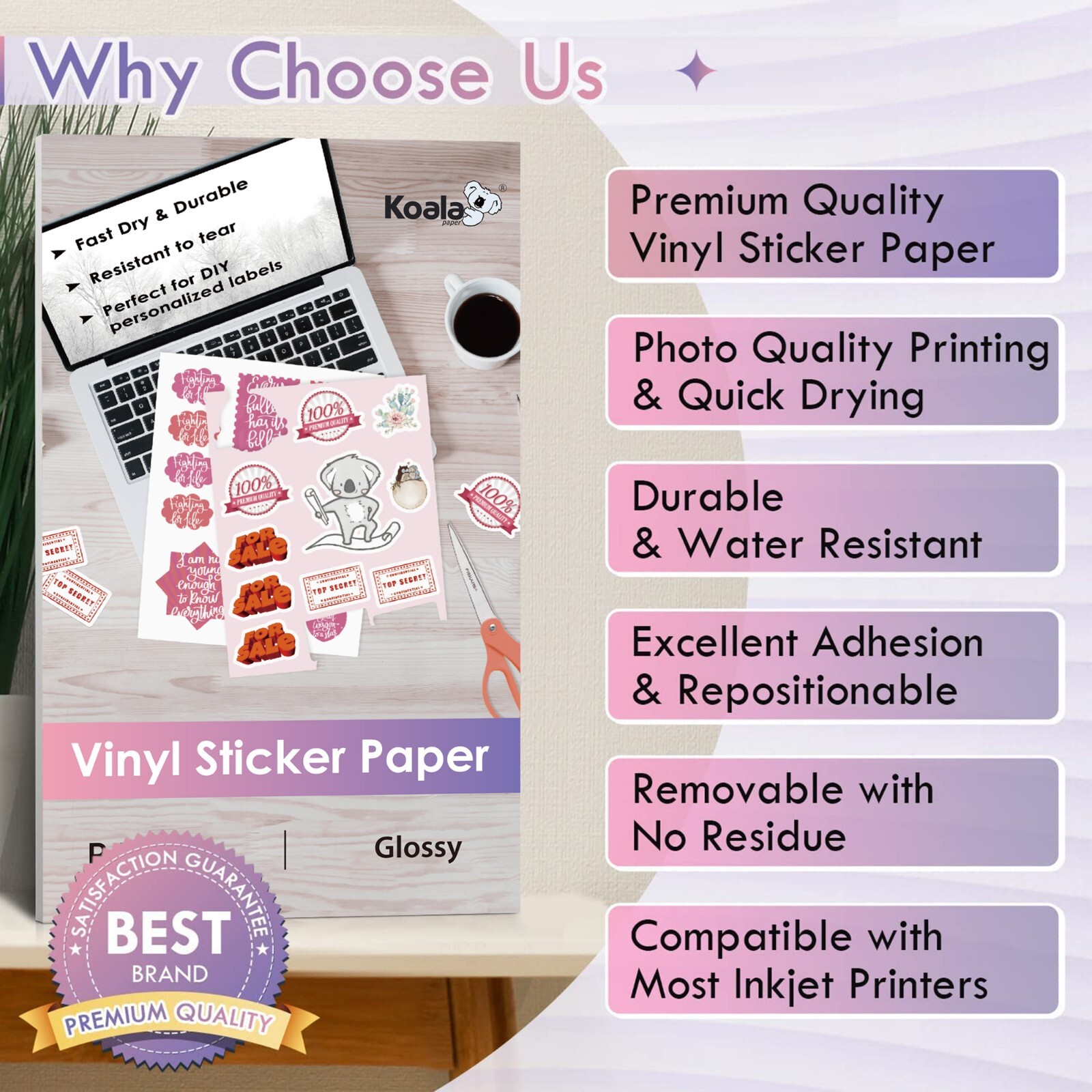 Lot 20-100PK KOALA Printable Vinyl Sticker Paper Waterproof 8.5×14 Glossy White