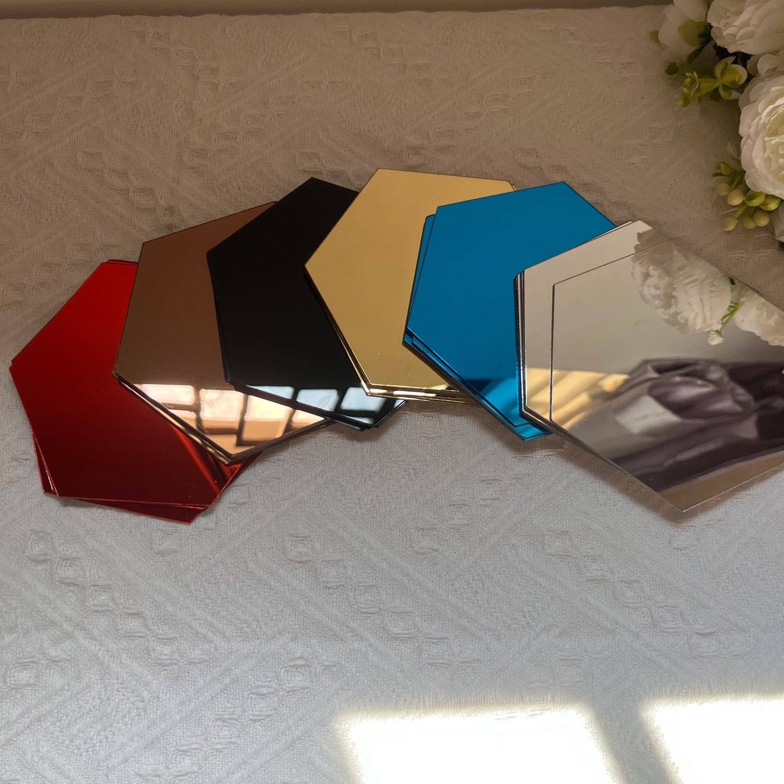 12Pcs Self Adhesive Hexagonal Gold Acrylic Mirror Wall Tiles for Home Room Decor