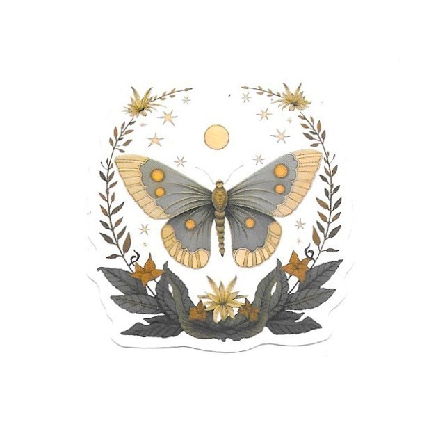 Celestial Grey Gold Moth Vinyl Sticker Vintage Butterfly Insect Journal Laptop