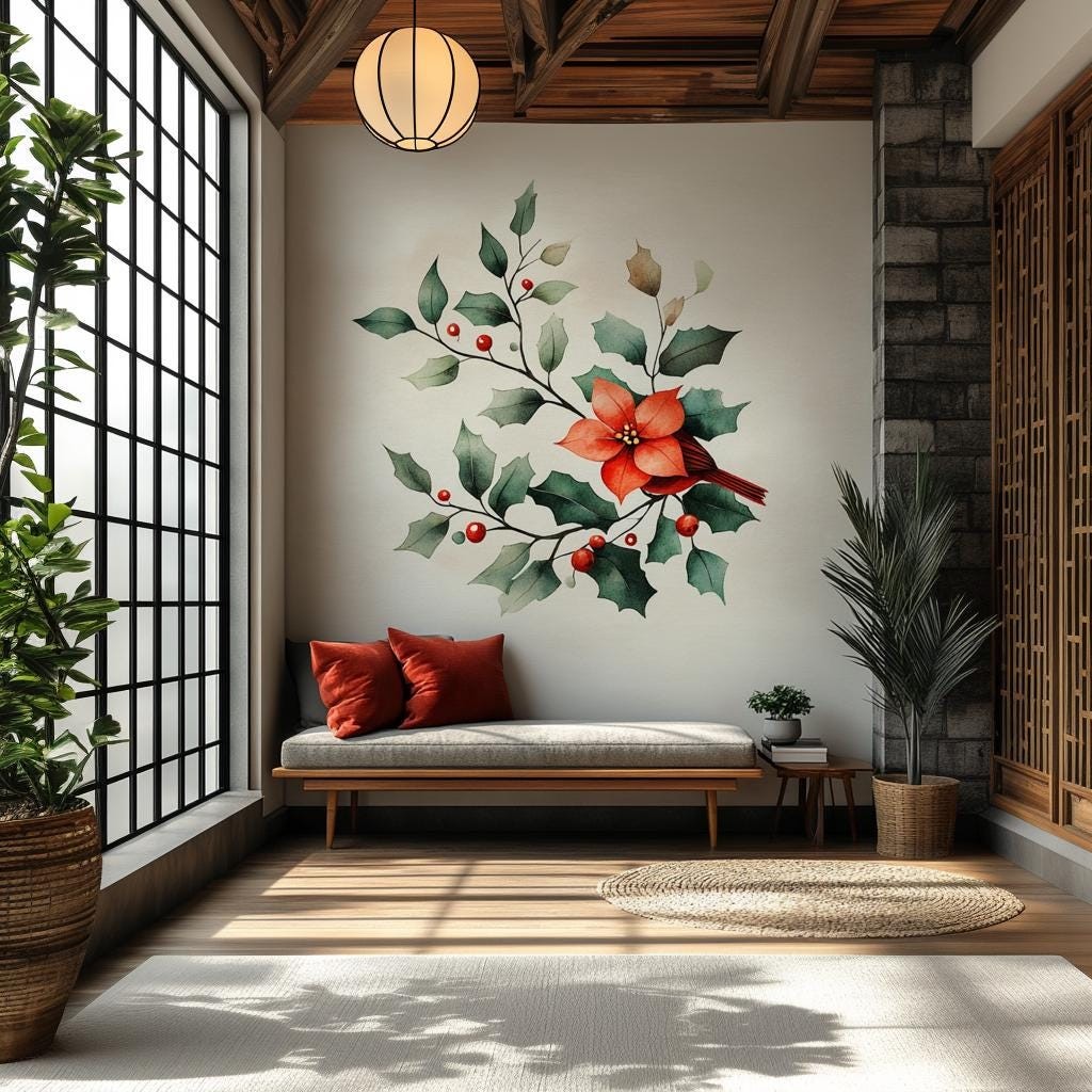 Poinsettia Holly Wall Mural | Christmas Floral Wall Art