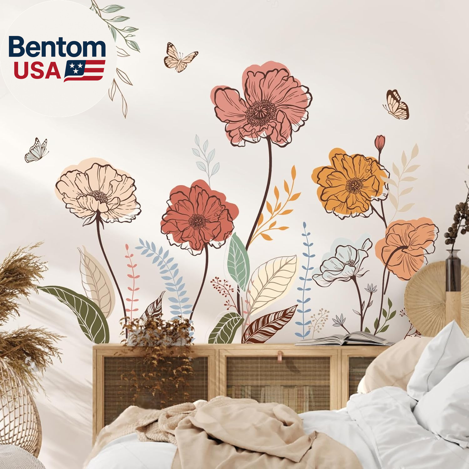Boho Flower Wall Stickers Wildflower Floral Grass Peel and Stick Wall Art Decals