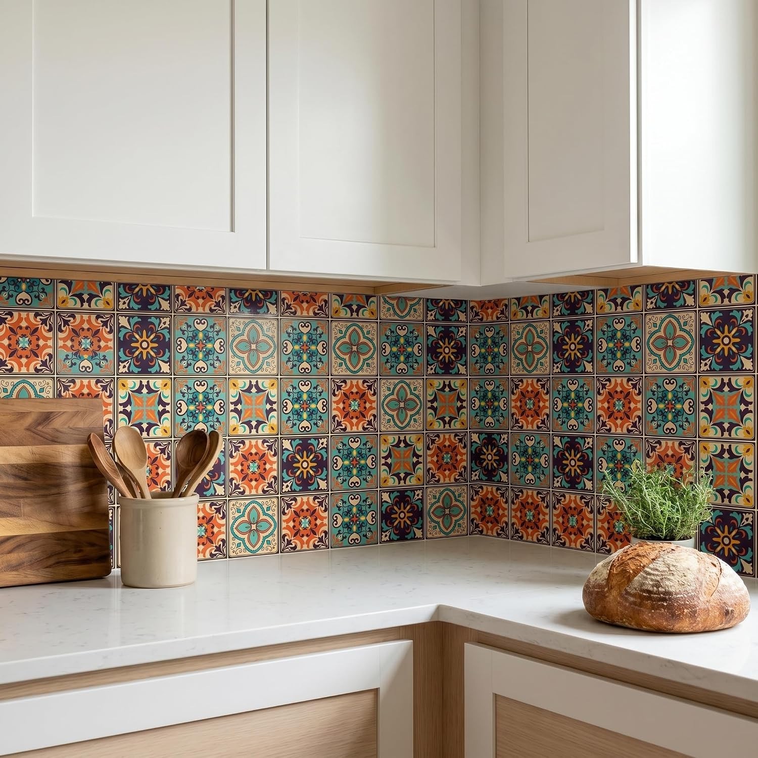 Vibrant Bohemian Tile Wall Stickers – 30-Pack Waterproof & Residue-Free, 4×4"