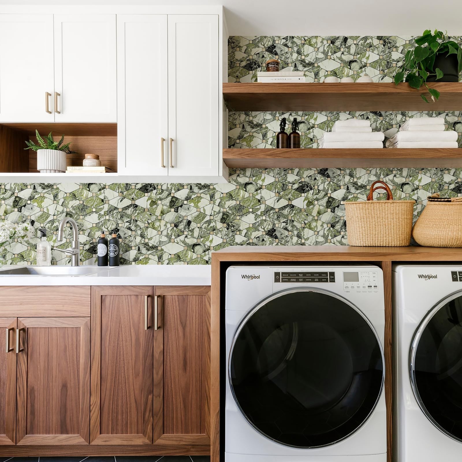 STICKGOO 10 Sheets Peel and Stick Backsplash, Polished Green Marble Look PVC …