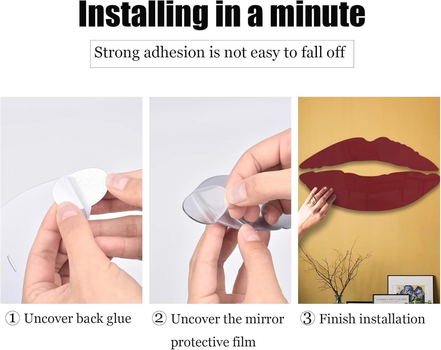 2 Sets 3D Lips Mirror Wall Stickers Acrylic Kiss Decals Silver
