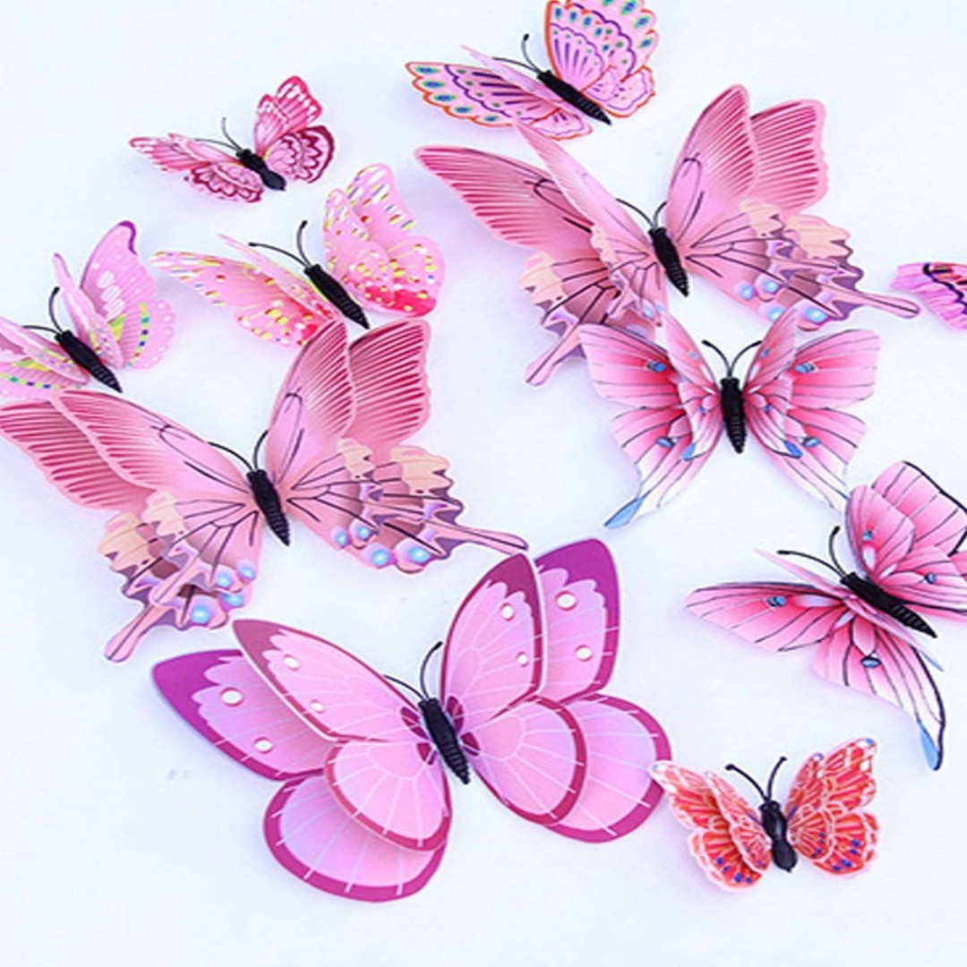 3D Butterfly Wall Stickers 12pc Pink PVC Magnet Decals Double Layer Bedroom Home