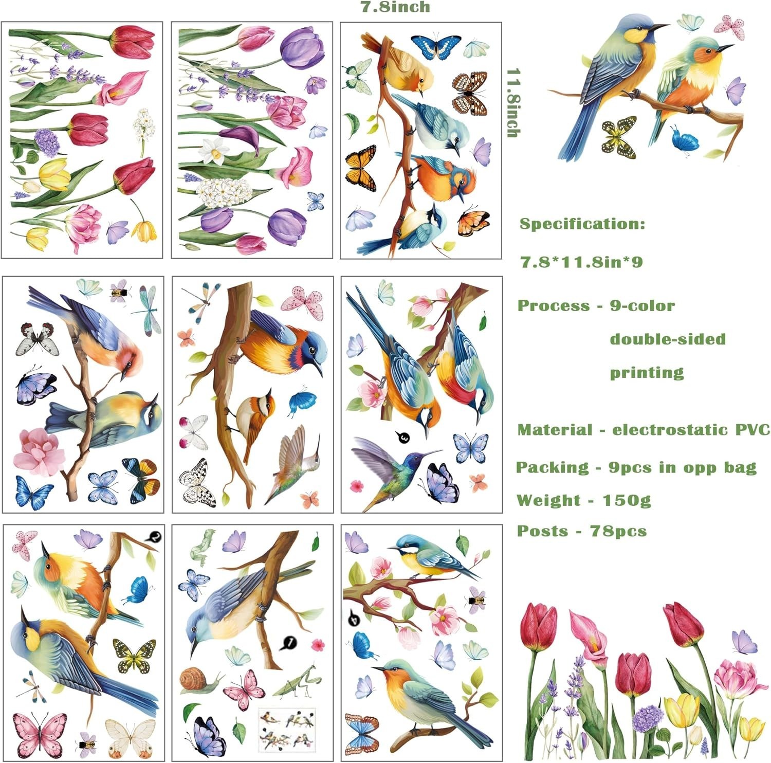 Spring Window Cling Sticker – 78PCS Tulip Butterfly Flower Hummingbirds Windo…