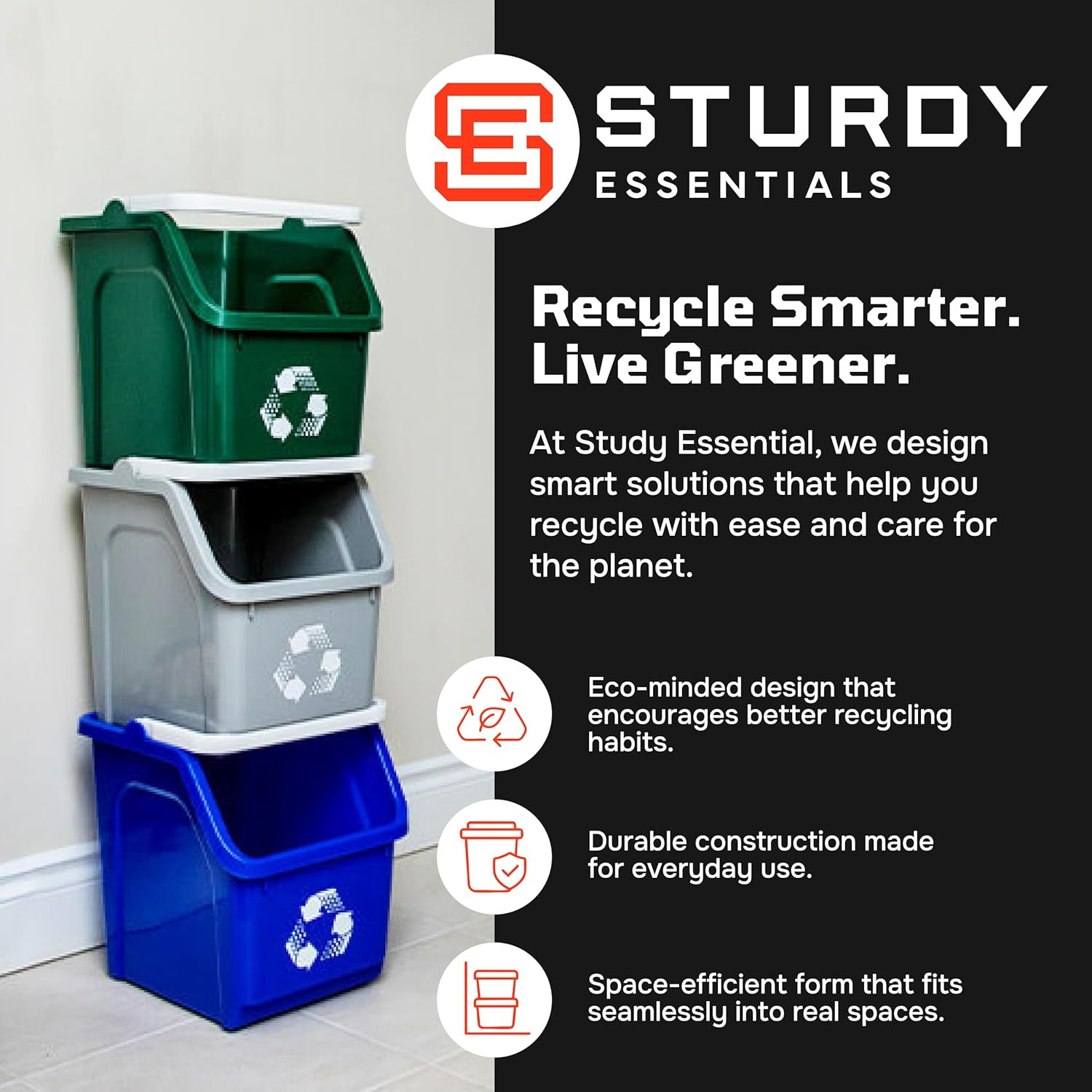 Multi Bin Recycling System with Three Stackable 6 Gallon Recycle Bins for Kitche