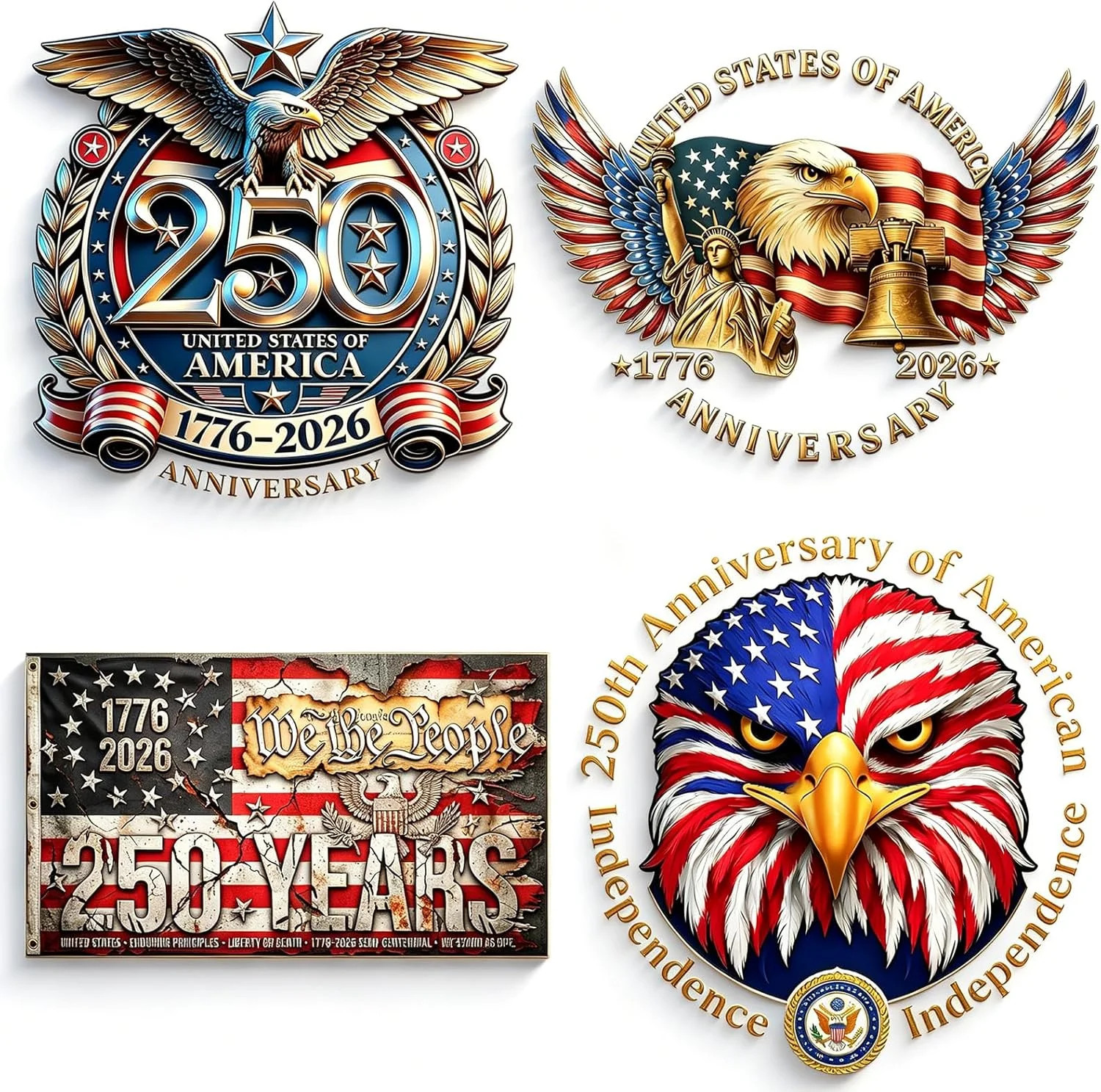 4 pcs 250th Anniversary USA Car Decal Sticker,1776-2026 Patriotic Colorful FAST