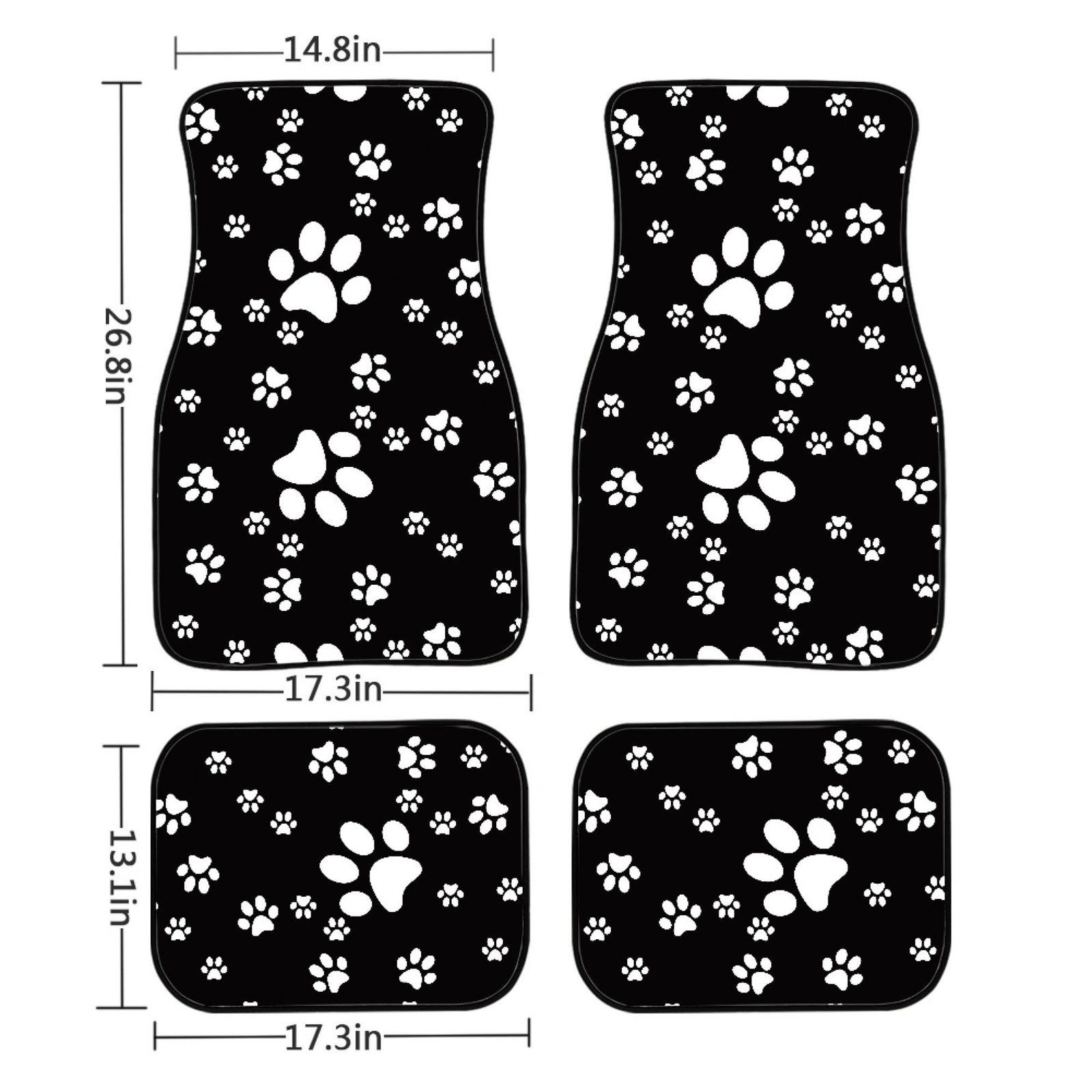 Paw Print Car Mats Set of 4 Abstract Dog Footprints White Paws on Black Backg…