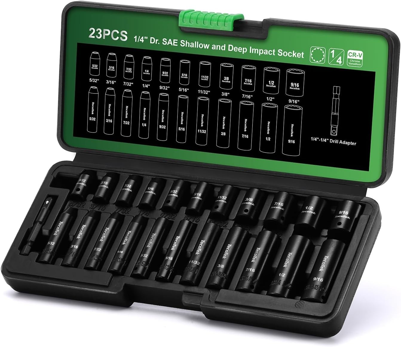 23-Piece 1/4" Drive Impact Socket Set, Shallow & Deep 12-Point, SAE, CR-V, Drill