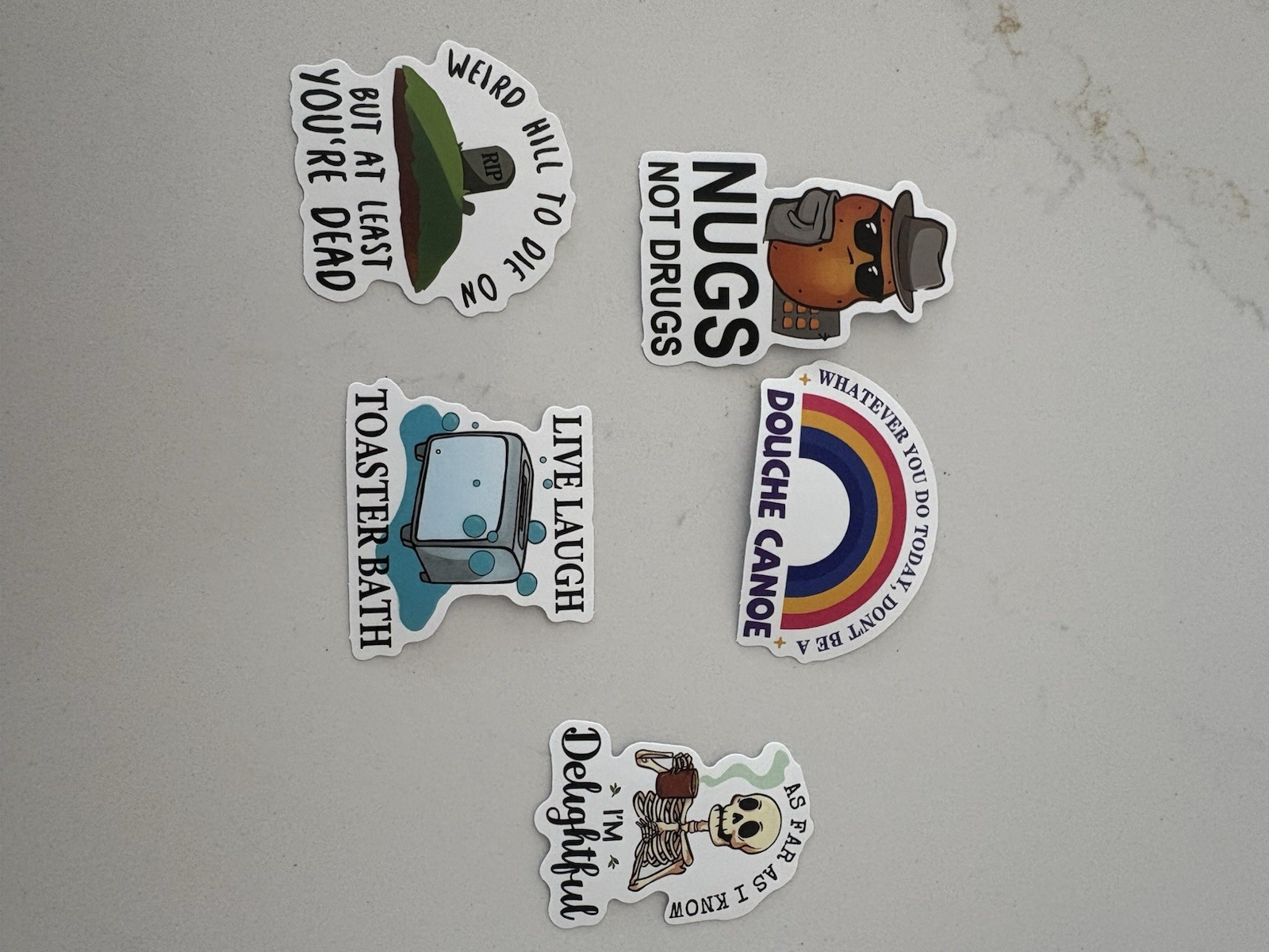 Set Of 5 Funny Quirky Sayings Stickers Rainbow Skeleton Words Quotes Sticker Lot