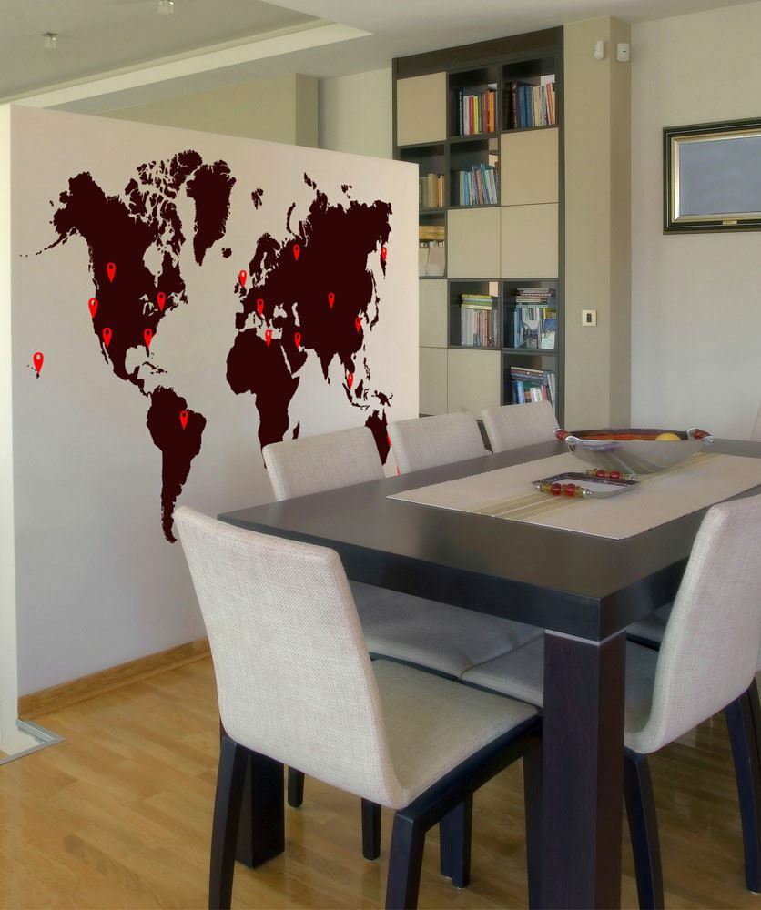 World Map Vinyl Wall Decal Sticker. Includes Location Pins. Office Wall Map #873