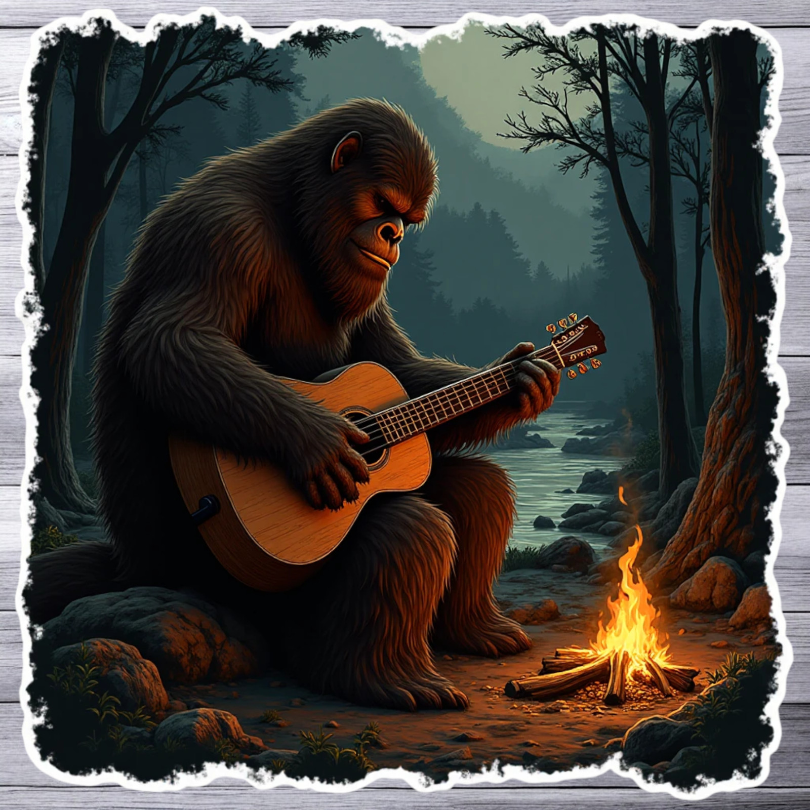 Bigfoot sticker vinyl decal sasquatch guitar campfire forest night retro art