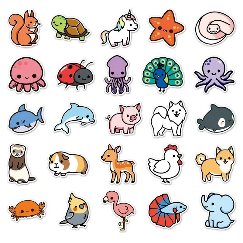 50 Random Cute Fun Cartoon Art Realistic Waterproof Animal Stickers Size Small
