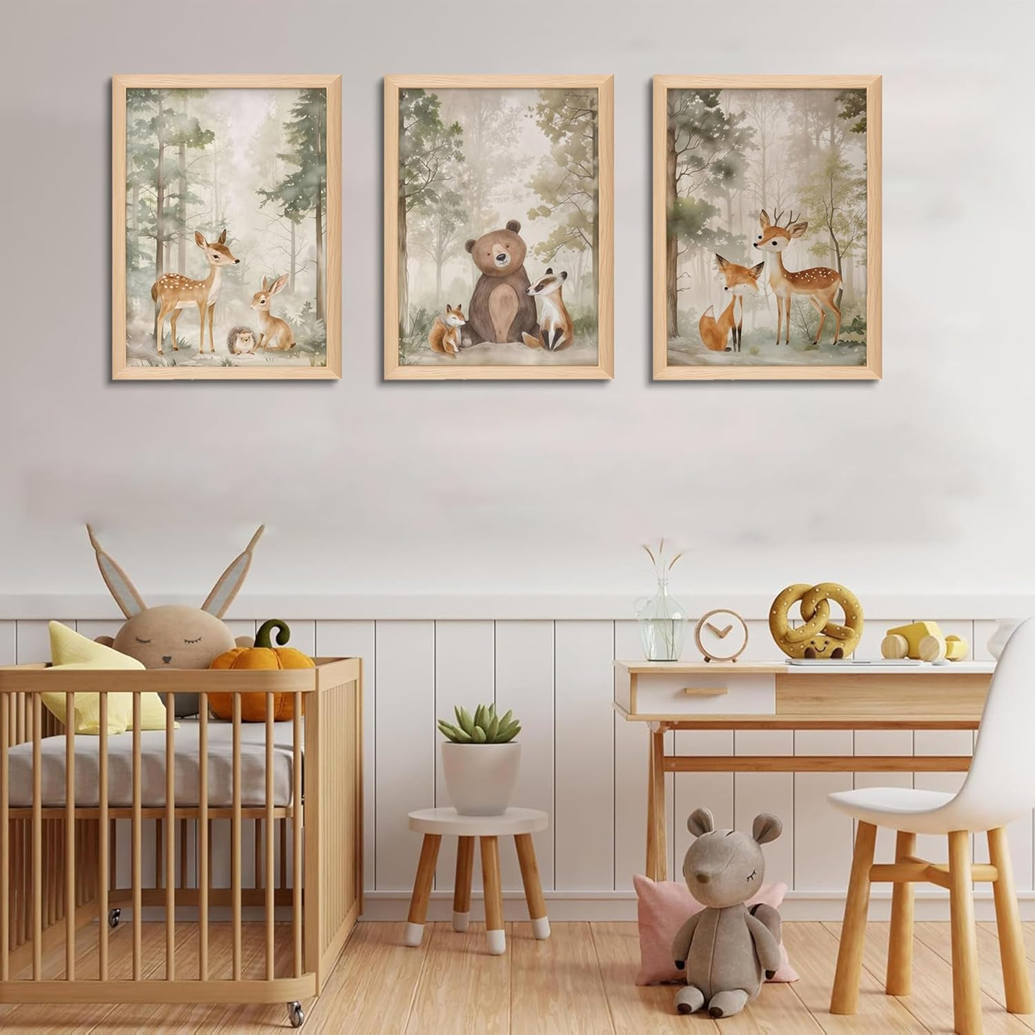 Framed Woodland Wall Art Set of 3, Wild Animals Nursery Wall Decor, Cute Bear Fo