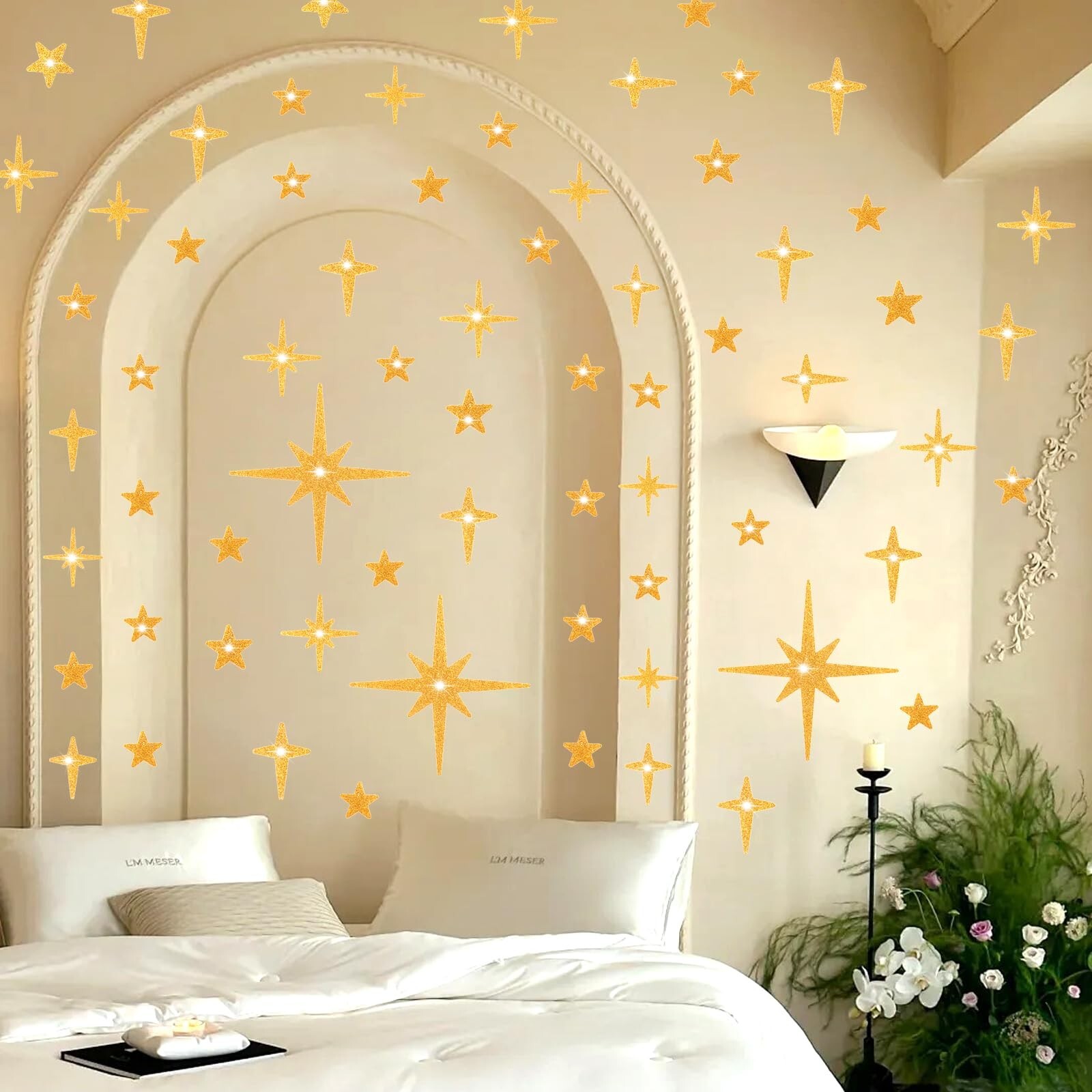 AOWDIAO Glitter Gold Star Peel and Stick Wall Decals – 120 Pcs, Assorted Shap…
