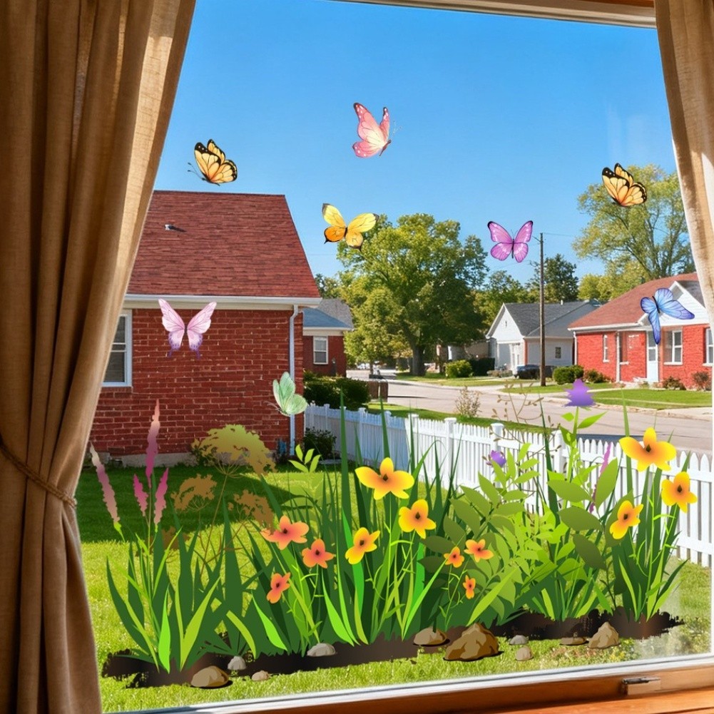 Green Wildflower Static Cling Window Sticker 11.8 x 23.2 in PVC Decal for Glass