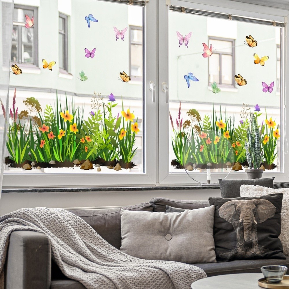 Green Wildflower Static Cling Window Sticker 11.8 x 23.2 in PVC Decal for Glass