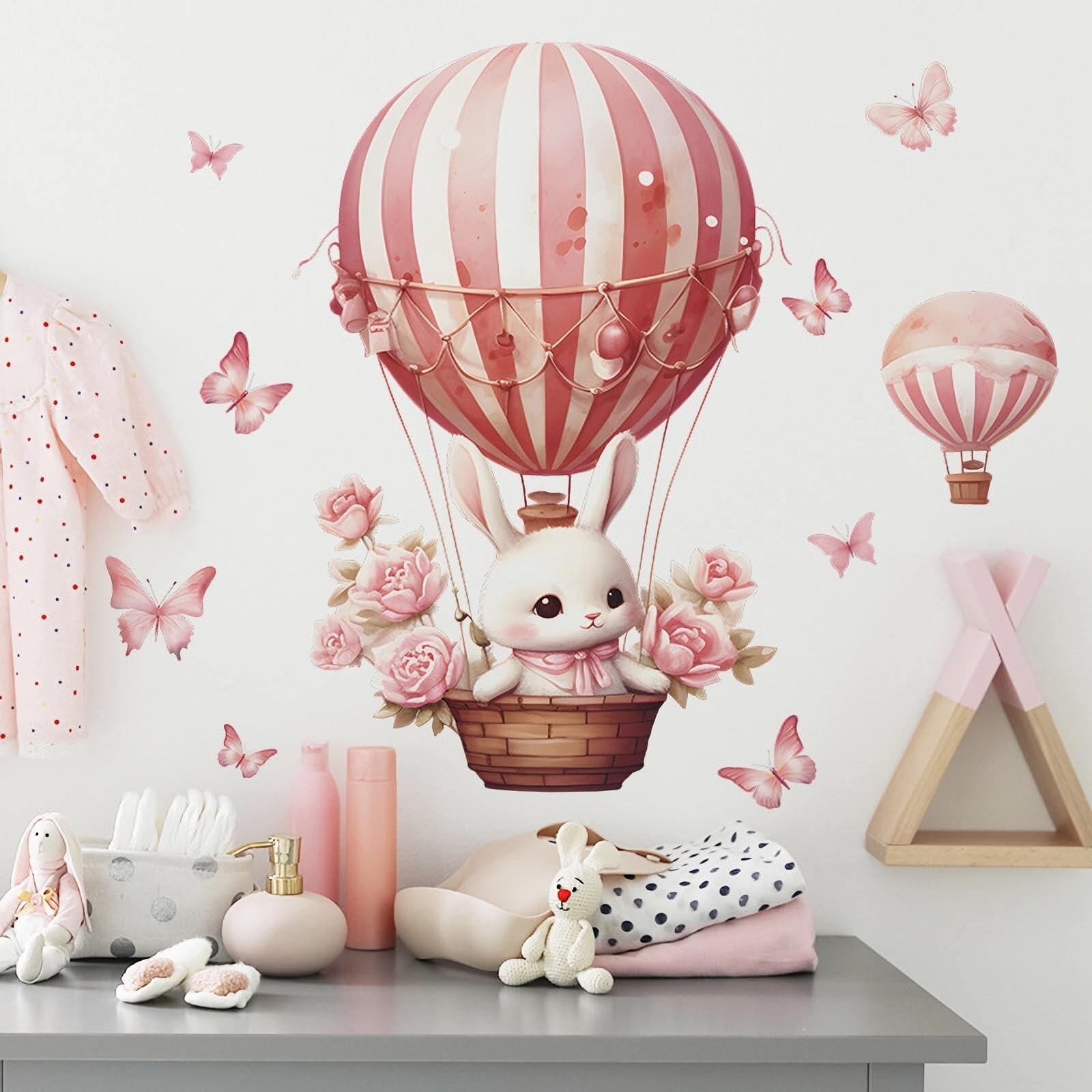 Pink Bunny Butterfly Rose Hot Air Balloon Wall Stickers, sacinora Cute Rabbit…