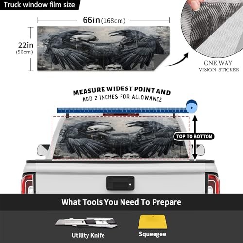 Pickup Truck Decals Rear Window, Black Bird 22W x 66L inch Vintage Raven Skull
