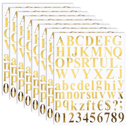 8 Sets 536 Pcs Vinyl Letter Number Stickers Alphabet Large 1 Inch Mirror Gold