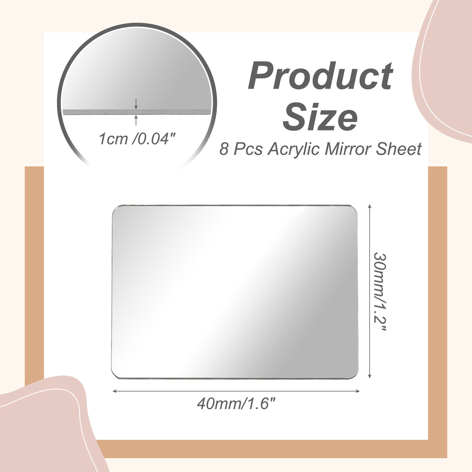 8Pcs Acrylic Mirror Sheet, 1.6×1.2" Rectangle Self Adhesive Mirror