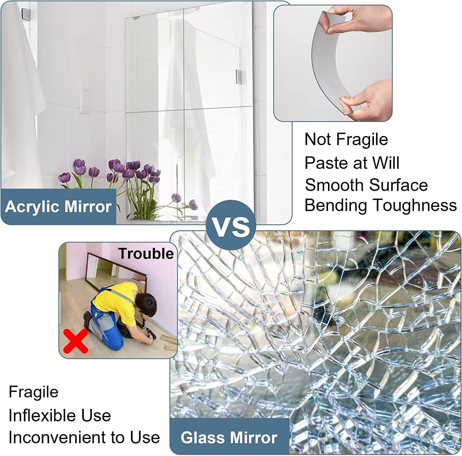 2MM Thick Frameless Acrylic Mirror Tiles – 12×12 Inches Wall Stickers Pack of 4