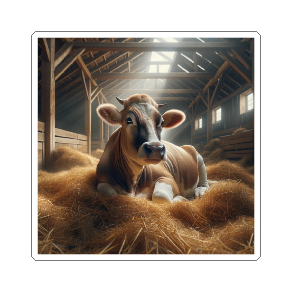 Sticker Cow Barn Hay Relaxing Rustic Scene 2×2 3×3 4×4 6×6