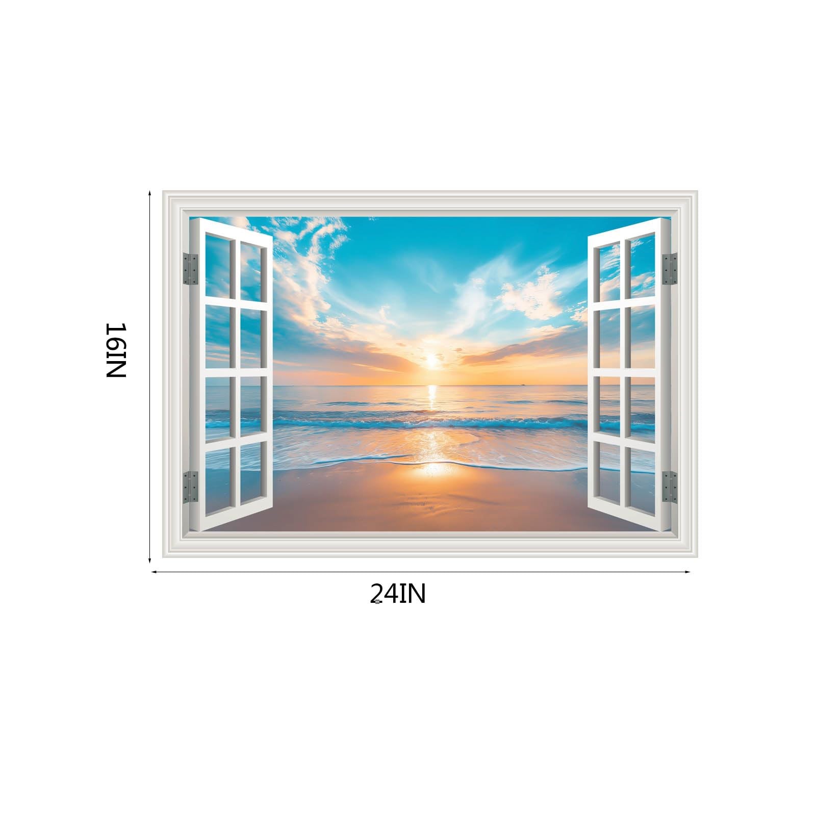 Fake Window Wall Sticker Summer Sunset Seascape Ocean Beach Faux Window Poste…