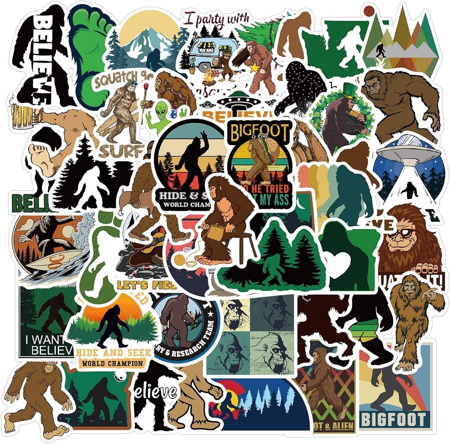 50 Count Bigfoot Stickers Variety Pack for Water Bottles, Laptops, Skateboards