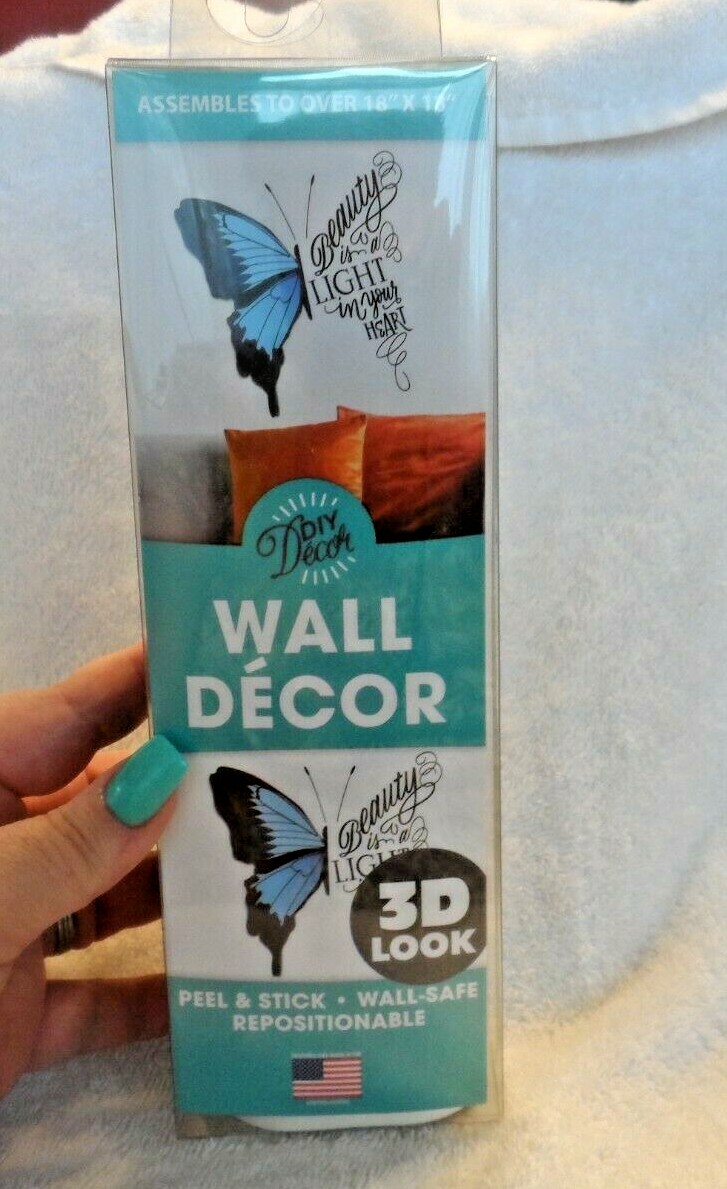 The Peel People DIY Wall DEcor 18" x 18" blue butterfly w/ saying 3D look NIP