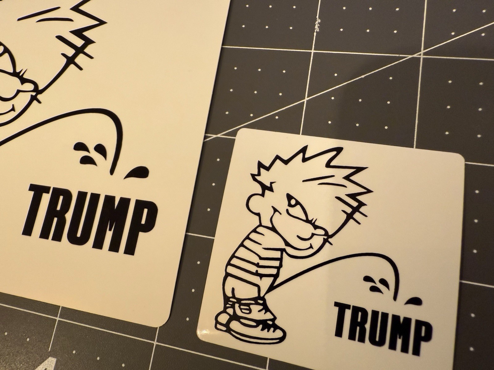 Calvin & Hobbs Stickers Pee’ing On Trump, 4” 2 Sticker Lot