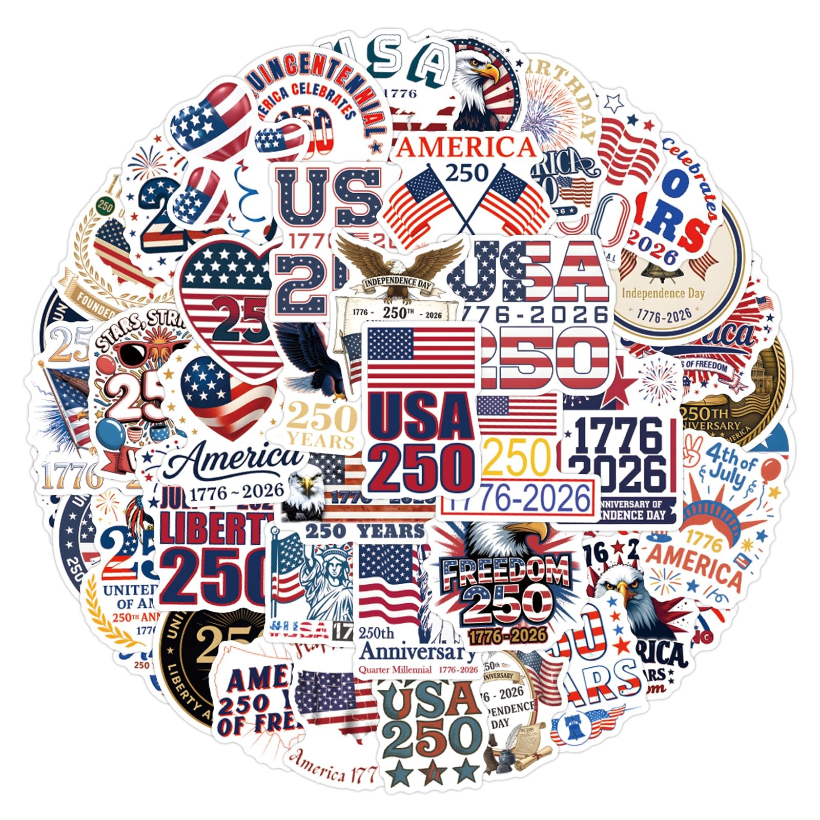 USA 250th Anniversary Stickers 50PCS Patriotic Waterproof Vinyl Decals Set