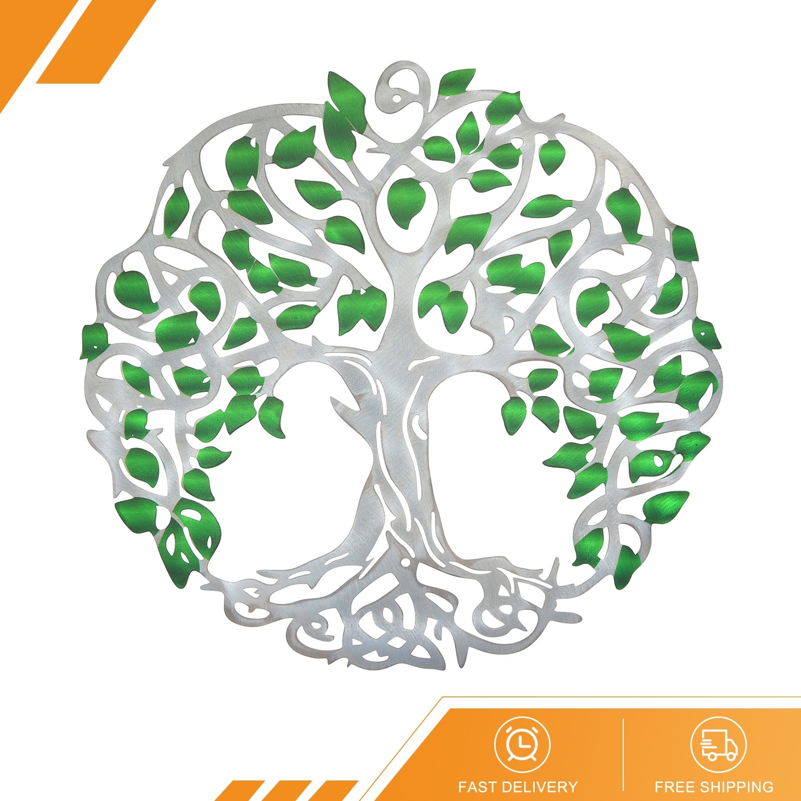 Metal Tree Wall Decor Tree of Life Sculpture Decoration Green Silver