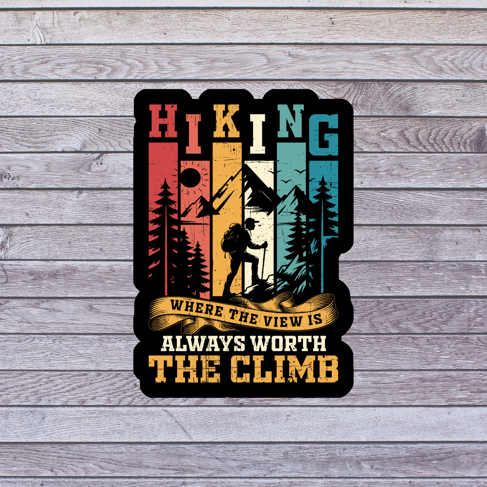 Hiking sticker vinyl decal hiker mountain forest retro stripes quote