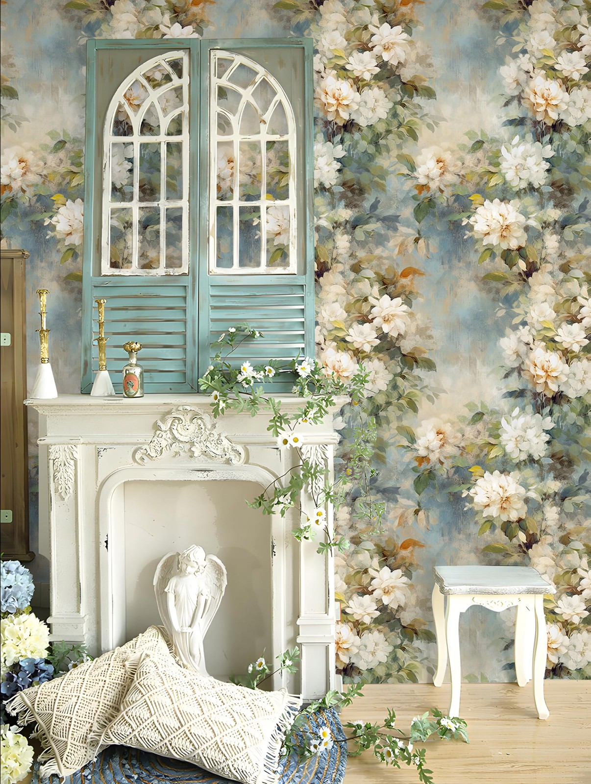 HAOKHOME Peel and Stick Floral Wallpaper Beige/Blue/Green Flower Bouquet Wall…