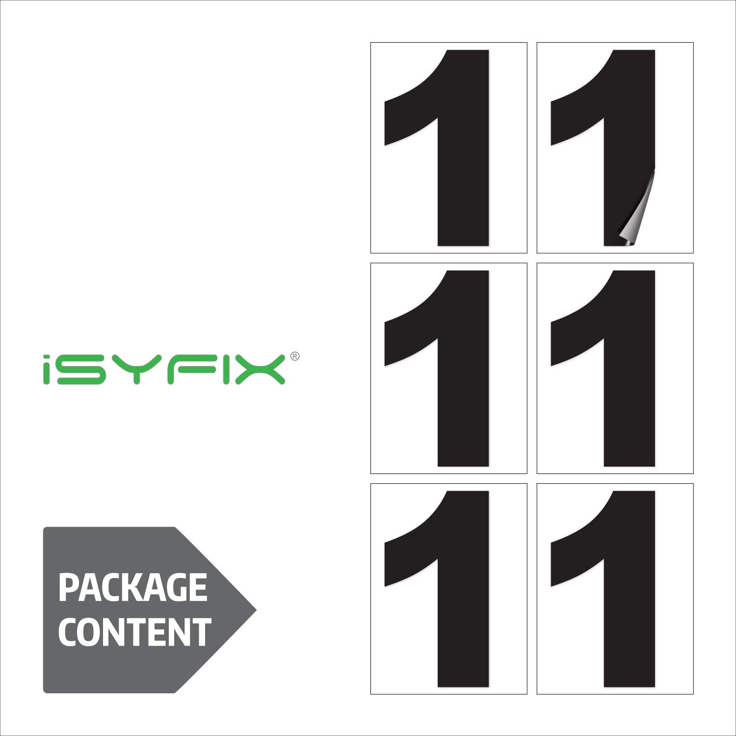 iSYFIX Black Vinyl Number 1 (One) Stickers – 6 Pack 6 inch 6 inch, 1
