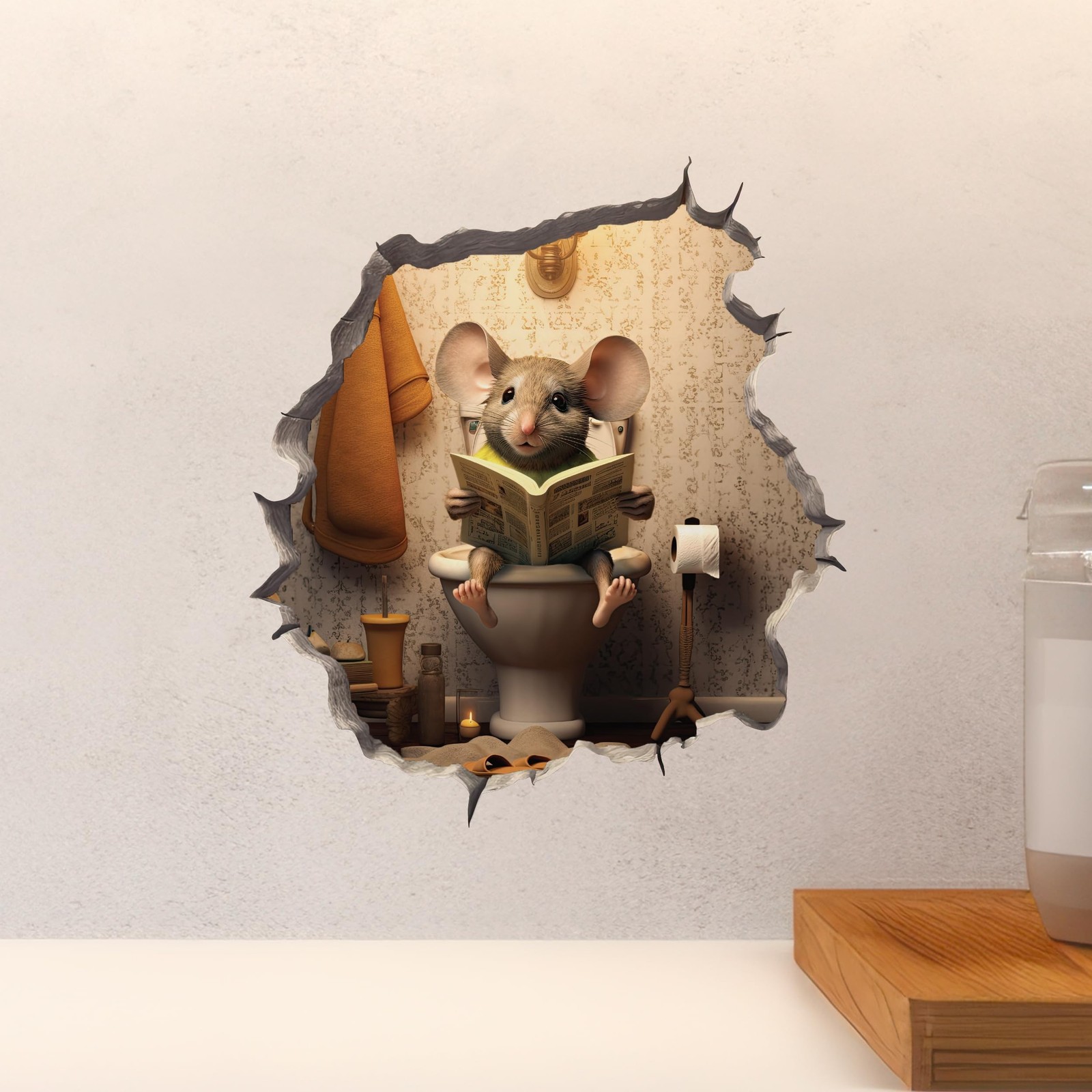 Unique Mouse Hole Sticker 3D Effect Toilet Sitting Mouse Wall Decal Home Decor