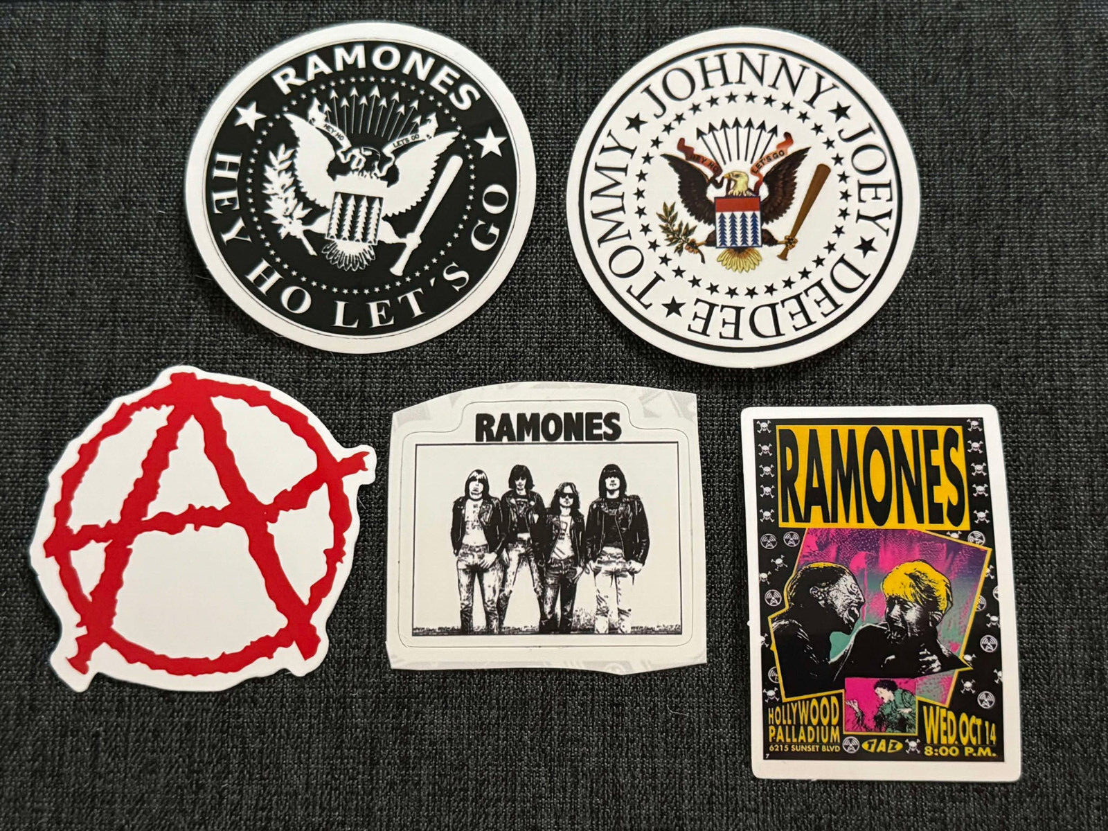 Lot (5) THE RAMONES 1 5/8" to 2 1/2" Band Logo STICKERS Fast! FREE SHIP! JOEY